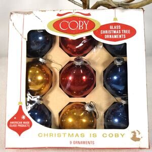 Nine Vintage Coby Glass Ball Christmas Tree Ornaments 2.25" Diamenter 3 Colors